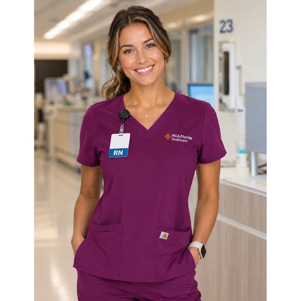 Carhartt Modern Fit Scrub Top Womens Large Purple HCA Florida Healthcare V-Neck